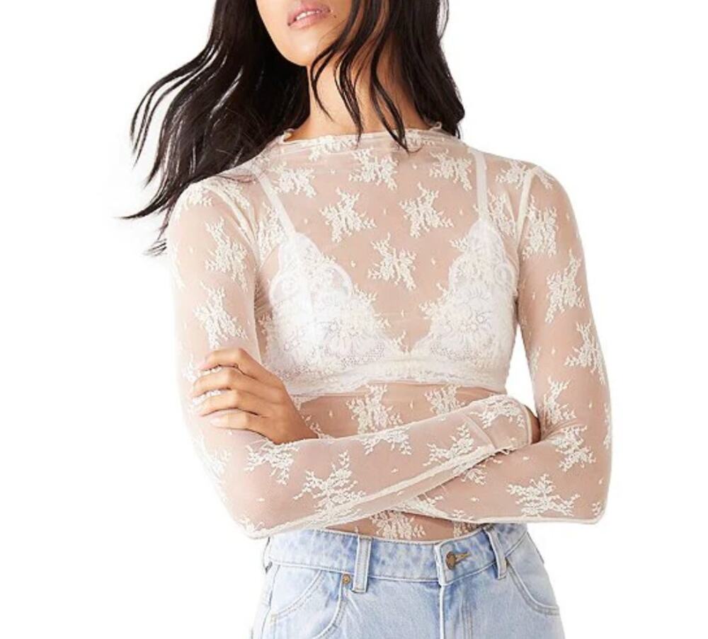 Free People Lux Sheer Mesh Mock Neck Floral Layering Top Evening Creme XS